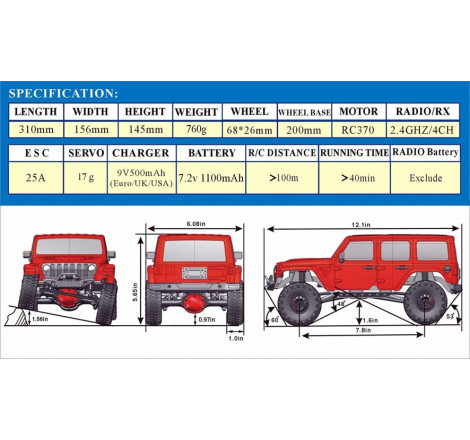 ADVENTURE JL 4x4 RTR 1:16 WATERPROOF TRAIL CRAWLER RED RGT136161 JL