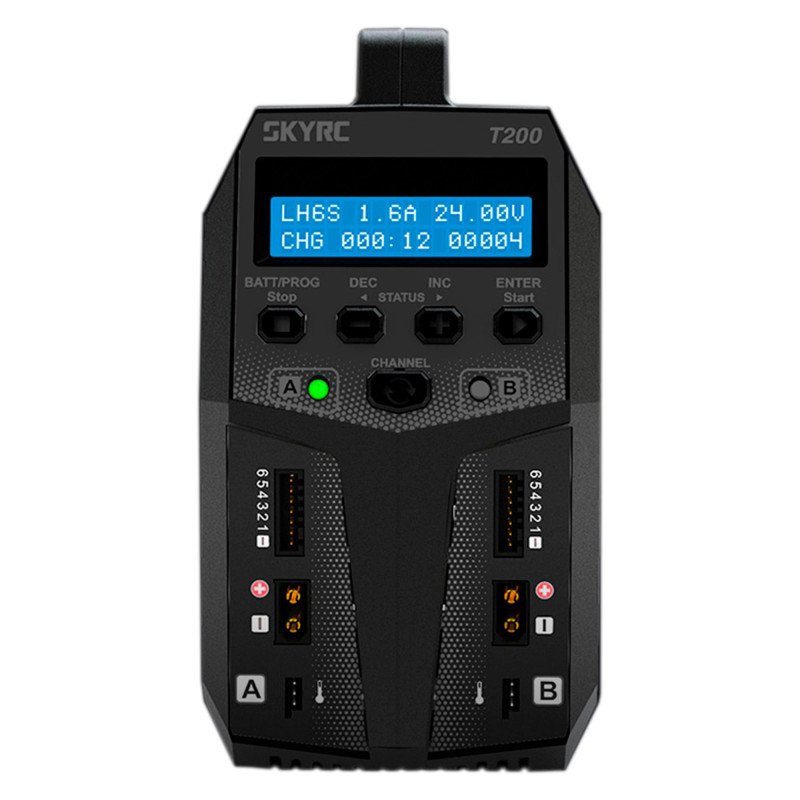 Caricabatterie Bilanciatore SkyRC T200 Dual 100W Per LiPo LiHV NiMH Pb – 12A, Ingresso 100-240V, Con Funzione Auto E Display LCD