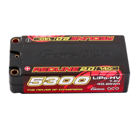 GENS ACE REDLINE 2.0 SERIES 5300 mAh SHORTY 7.6V HV 140C 2S1P HC 5.0mm BANANA BULLET - GEA53002S14D5